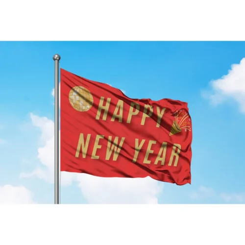 Rode nieuwjaarsvlag met gouden tekst Happy New Year