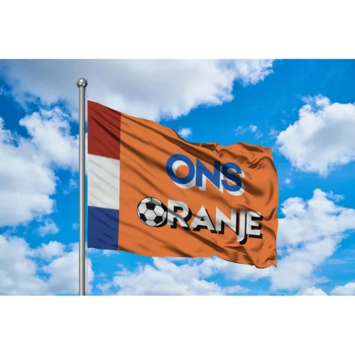 Oranje supportersvlag met de tekst Ons Oranje en een voetbal