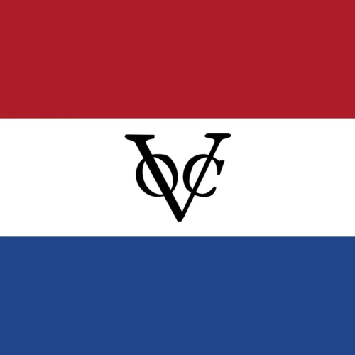 VOC vlag van de Vereenigde Oostindische Compagnie in rood, wit en blauw met het zwarte VOC-monogram