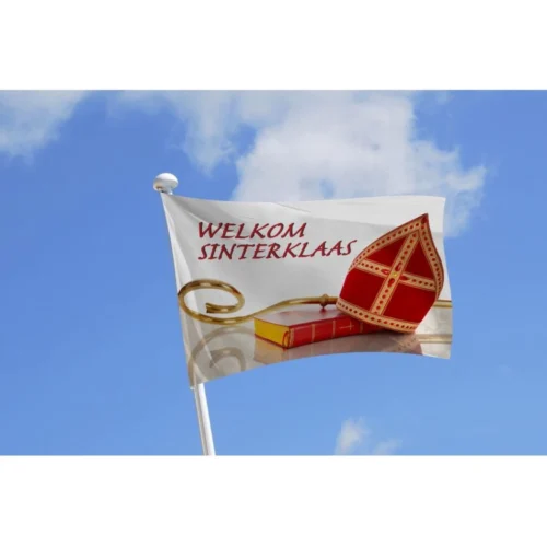 Witte vlag met de tekst Welkom Sinterklaas, mijter en staf