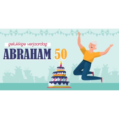 Abraham 50 spandoek met springende man, verjaardagstaart en de tekst Gelukkige Verjaardag