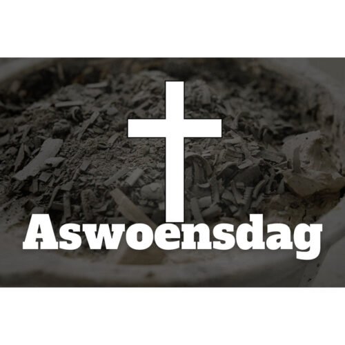 Aswoensdag spandoek met wit kruis boven een schaal as en de tekst Aswoensdag