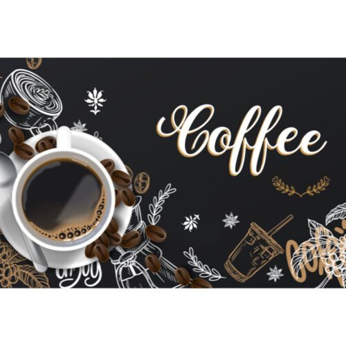 Zwart Coffee spandoek met een kop koffie, koffiebonen en gouden sierletters