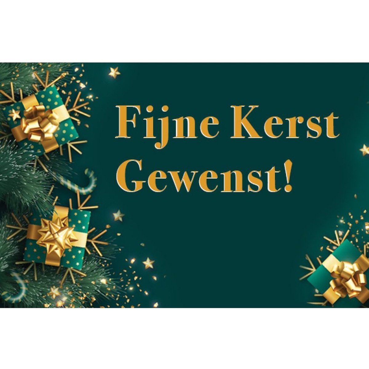 Donkergroen kerstspandoek met gouden cadeaus, sterren en de tekst Fijne Kerst Gewenst