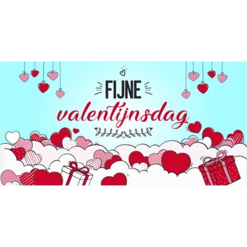 Lichtblauw Valentijnsdag spandoek met hangende hartjes, cadeaus en wolken