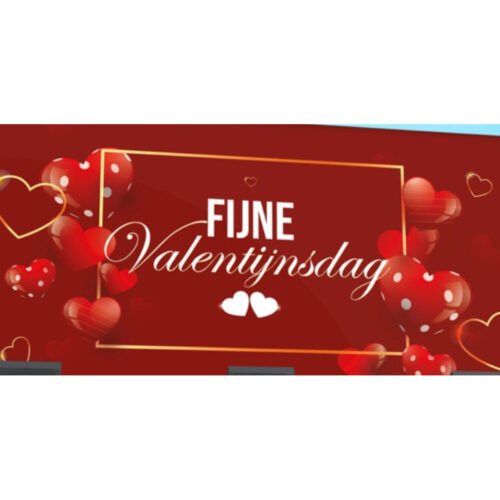 Dieprood Valentijnsdag spandoek met glanzende harten en een gouden kaderlijn