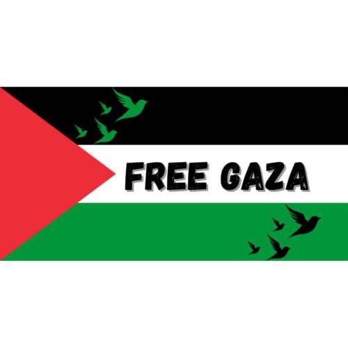 Free Gaza spandoek in de kleuren van de Palestijnse vlag met vliegende duiven