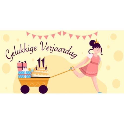 Geel verjaardagspandoek met een meisje dat een bolderkar met taart en cadeaus trekt