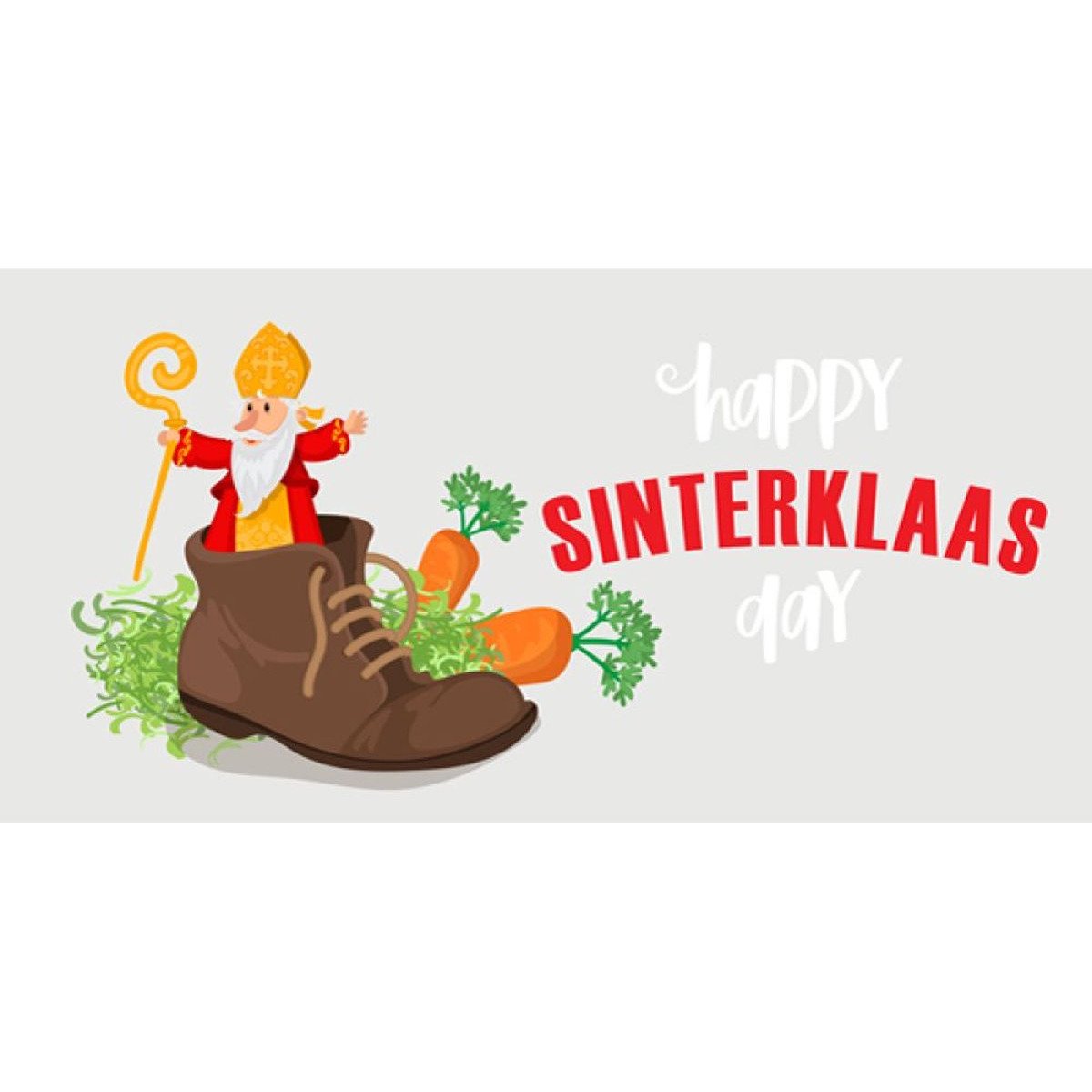 Happy Sinterklaas Day spandoek met Sinterklaas in een schoen met wortels en hooi