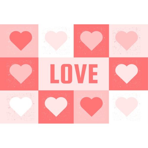 Harten spandoek met een raster van roze en rode harten en het woord LOVE in het midden