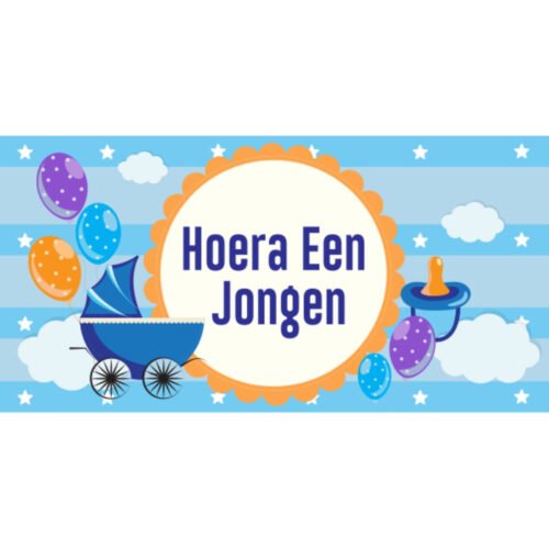 Blauw geboortespandoek Hoera een Jongen met kinderwagen, ballonnen en een speen