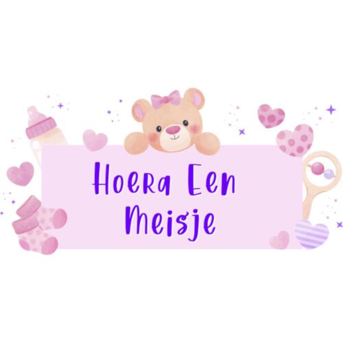 Hoera een Meisje geboortespandoek met teddybeer, rammelaar, babyflesje en roze hartjes