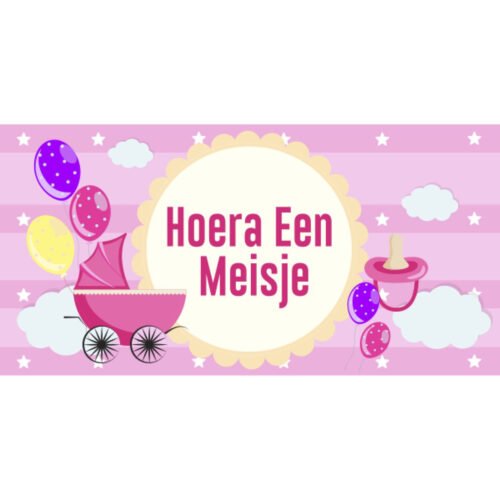 Roze geboortespandoek Hoera een Meisje met kinderwagen, ballonnen en een speen