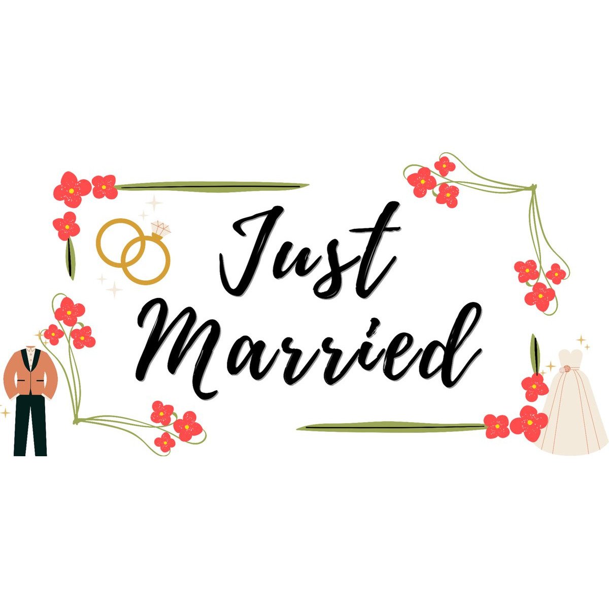 Just Married spandoek met trouwringen, rode bloemen, pak en trouwjurk op een witte achtergrond