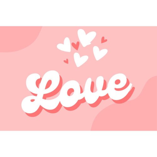 Roze Love spandoek met witte hartjes en het woord Love in wit retro schrijfletter