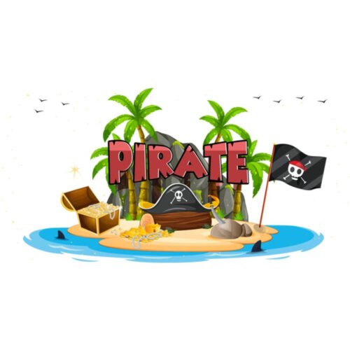Pirate spandoek met schateiland, open schatkist, palmbomen en een piratenvlag