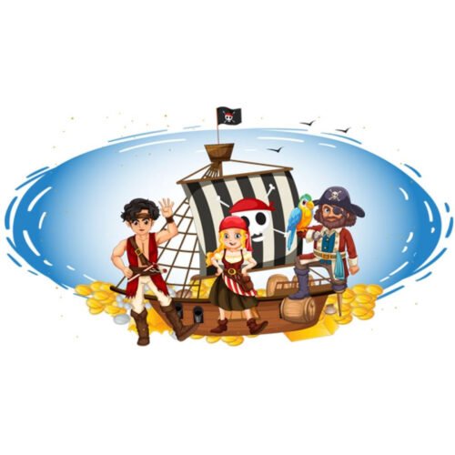 Piratenschip spandoek met drie piraten, een papegaai en goudstukken aan boord