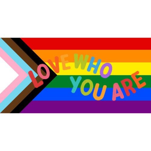 Progress Pride spandoek met regenboogbanen, roze-wit-blauwe chevron en de tekst Love Who You Are