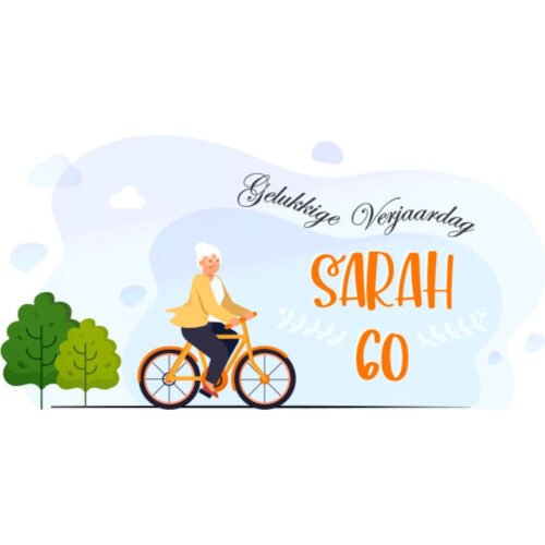 Sarah 60 spandoek met een fietsende vrouw, bomen en de tekst Gelukkige Verjaardag Sarah 60