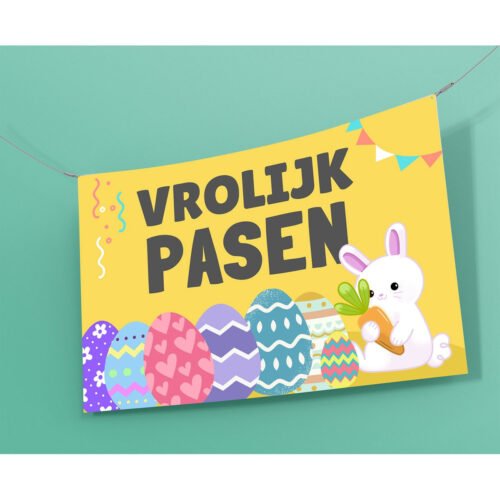 Geel Vrolijk Pasen spandoek met een witte paashaas en gekleurde paaseieren