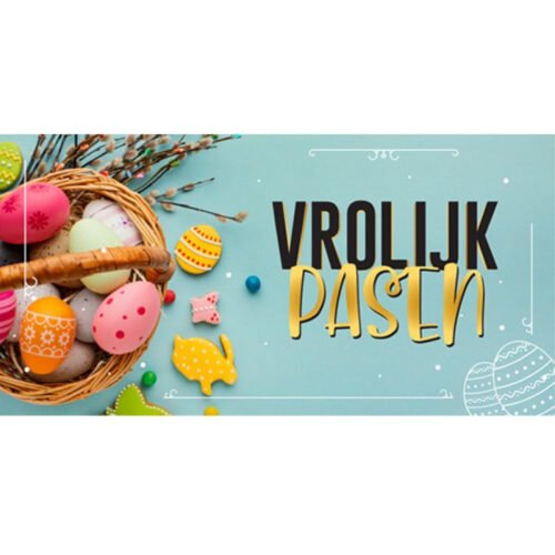 Mintgroen Vrolijk Pasen spandoek met een mand vol beschilderde paaseieren en koekjes