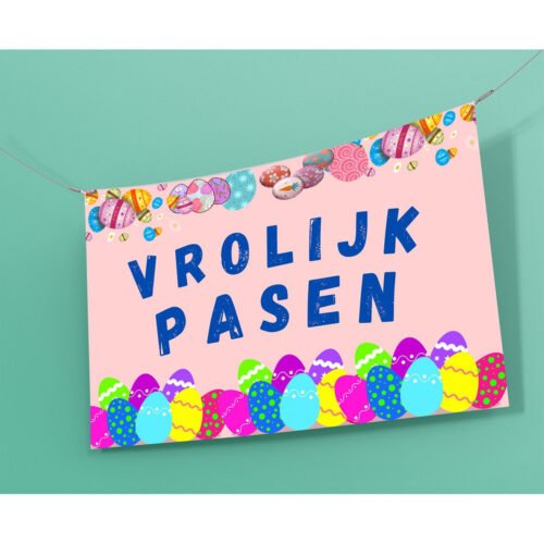 Roze Vrolijk Pasen spandoek met een rij gekleurde paaseieren boven en onder de tekst