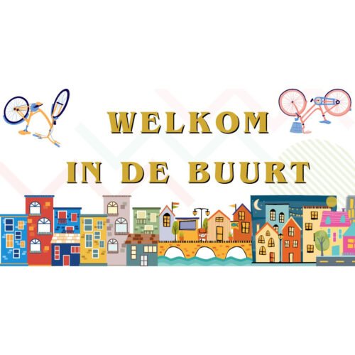 Welkom in de Buurt spandoek met kleurige grachtenpanden, bruggen en fietsen