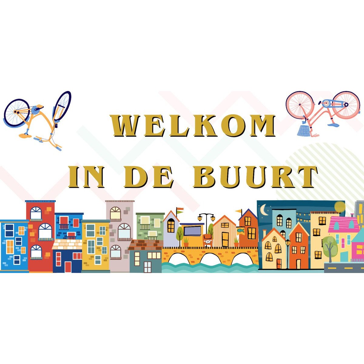 Welkom in de Buurt spandoek met kleurige grachtenpanden, bruggen en fietsen