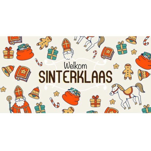 Welkom Sinterklaas spandoek met een patroon van cadeaus, pepernoten, schimmel en Sinterklaas