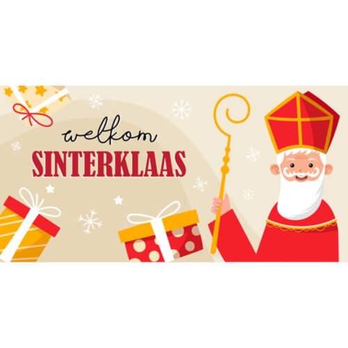 Welkom Sinterklaas spandoek met een zwaaiende Sinterklaas met staf, mijter en cadeaus