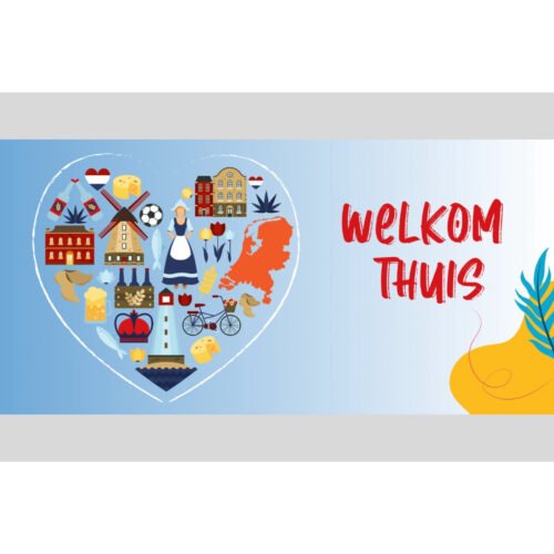 Blauw Welkom Thuis spandoek met een hart gevuld met Hollandse iconen als molen, tulpen en klompen